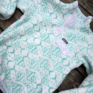 Patagonia Snap Pullover Sweater KIDS size 12 Large White and Teal *See Photos